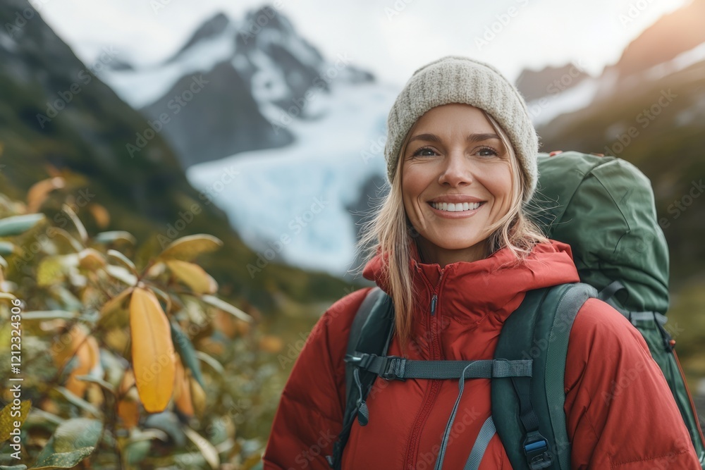 Female hiker confidently wearing a red insulated jacket and backpack, trekking through a picturesque autumn mountain landscape with glacial backdrops