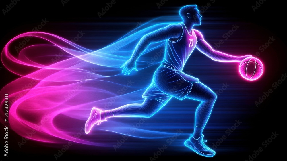 A glowing silhouette of a basketball player in motion, emphasizing speed and athleticism. A glowing silhouette of a basketball player in motion, emphasizing speed and athleticism.