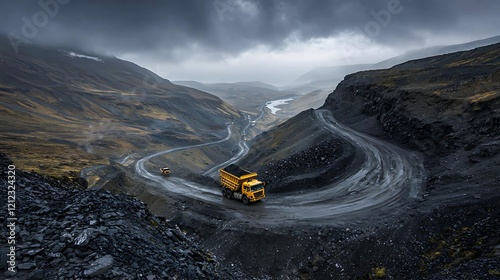 Mountain road, truck hauling ore, winding path, dramatic sky, mining transport photo