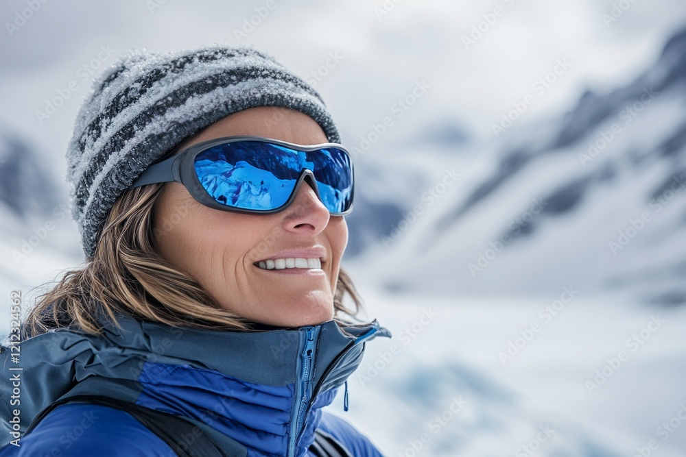 Female mountaineer standing atop rocky summit, wearing warm beanie and protective sunglasses, gazing across snow covered mountain landscape with confident smile