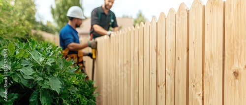 Team of builders erecting a wooden privacy fence in a suburban backyard, lush greenery, Gate fence installation, enhancing privacy