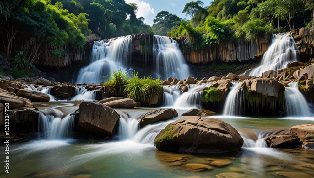 Obraz premium Tropical rainforest landscape with flowing Pongour waterfall in Vietnam. Four images panorama 