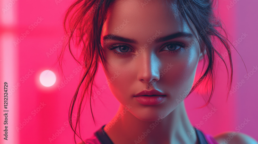 A young woman with intense eyes and intricate hair stands against a backdrop of vibrant pink and blue lights. Her expression conveys deep emotion and strength. A young woman with intense eyes and intricate hair stands against a backdrop of vibrant pink and blue lights. Her expression conveys deep emotion and strength.