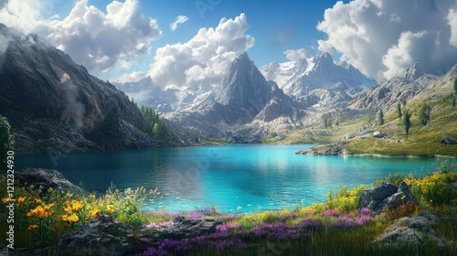 Majestic alpine lake surrounded by towering mountains, lush green meadows, and colorful wildflowers