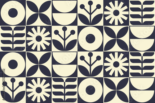 Modern abstract geometric flower pattern. Retro background with Scandinavian style. Vector illustration