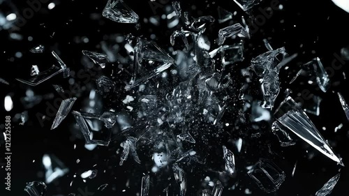 Shattered glass explosion in slow motion falling on dark background