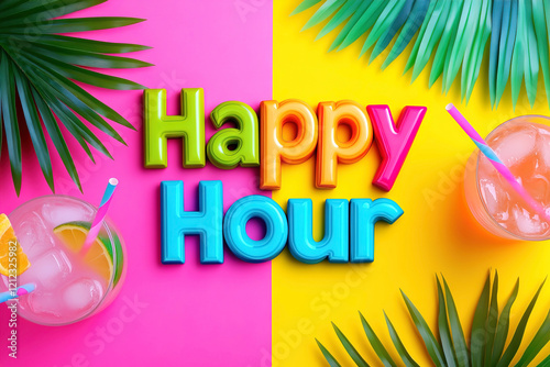 Colorful happy hour celebration with tropical drinks and vibrant decor in a lively setting