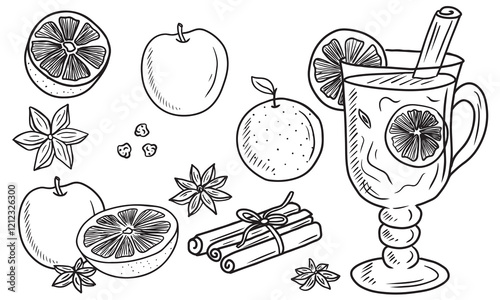 Mulled wine ingredients with glass of warm cocktail with apple, orange, tangerine, cinnamon sticks, anise star. Hand drawn vector sketch illustration in doodle vintage engraved line art