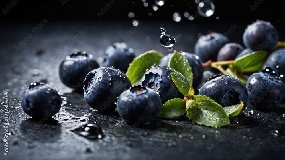 Fresh blueberries with water droplets and mint leaves on a dark surface. Fresh blueberries with water droplets and mint leaves on a dark surface.