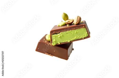 Levitation of Dubai chocolate bars with vibrant green pistachio paste and fresh pistachio on black background
 photo