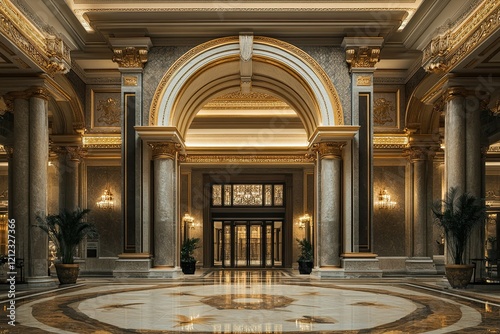 Grand Entrance Hall with Gold Accents and Marble Flooring