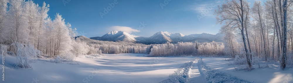 Stunning Winter Landscape with Snow-Covered Trees and Majestic Mountains Under a Clear Blue Sky Stunning Winter Landscape with Snow-Covered Trees and Majestic Mountains Under a Clear Blue Sky