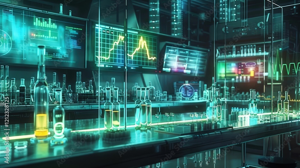 Medical research lab with glowing test tubes and digital charts Medical research lab with glowing test tubes and digital charts
