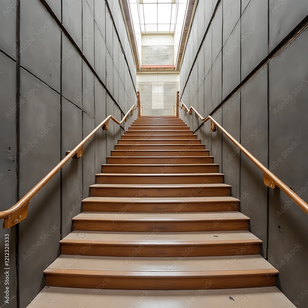 Architectural Staircase: A long, elegant wooden staircase ascends towards a skylight, its warm tones contrasting against the cool gray walls. The image evokes a sense of progression and possibility. Architectural Staircase: A long, elegant wooden staircase ascends towards a skylight, its warm tones contrasting against the cool gray walls. The image evokes a sense of progression and possibility.