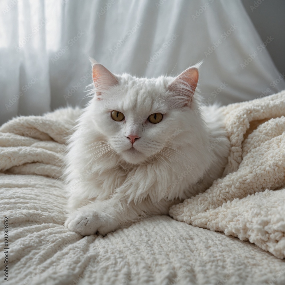 A fluffy white cat lounging on a plush white blanket. A fluffy white cat lounging on a plush white blanket.