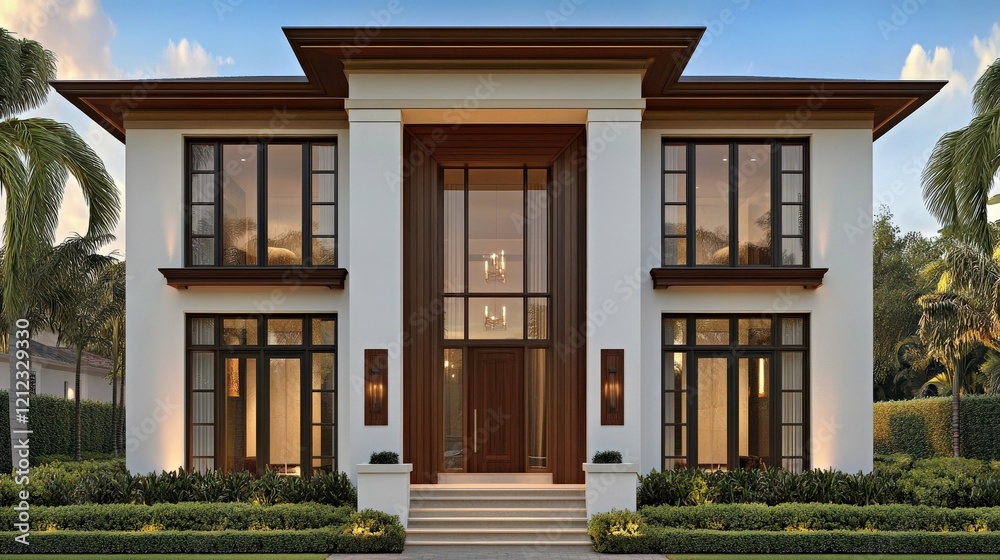 Modern luxury house with elegant architecture. Contemporary residential facade shows sophisticated realestate property. Upscale exterior in beautiful neighborhood setting. Modern luxury house with elegant architecture. Contemporary residential facade shows sophisticated realestate property. Upscale exterior in beautiful neighborhood setting.
