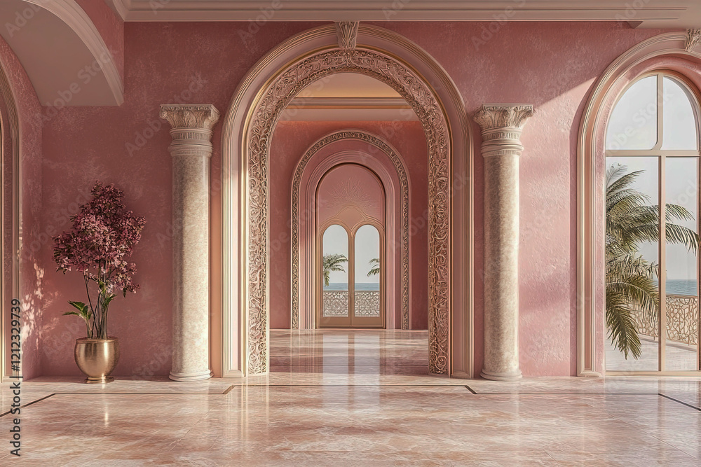 Fototapeta premium Elegant Pink Palace Hallway with Archways and Ocean View