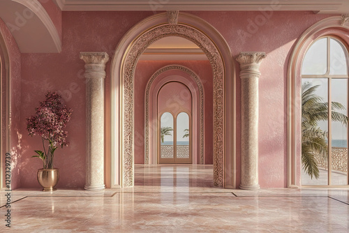Elegant Pink Palace Hallway with Archways and Ocean View