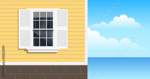 yellow siding  house facade window shutters  near the sea close up vector illustration 