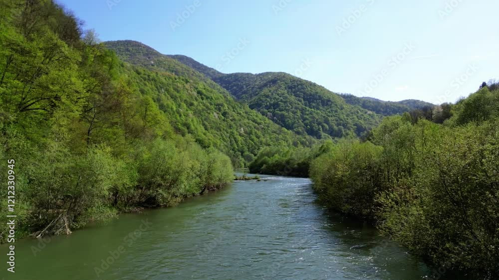A mesmerizing drone flyover capturing the beauty of a fast-flowing river cutting through a lush, dense forest. A mesmerizing drone flyover capturing the beauty of a fast-flowing river cutting through a lush, dense forest.