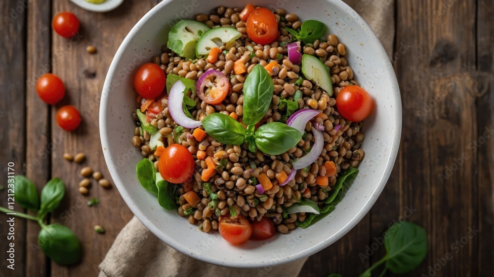A colorful lentil salad with tomatoes, cucumbers, and fresh basil in a bowl. A colorful lentil salad with tomatoes, cucumbers, and fresh basil in a bowl.