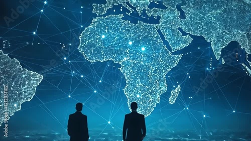 Global Network Vision: Two business figures stand silhouetted against a backdrop of a digitally connected world map, symbolizing global reach, interconnectedness, and strategic vision. 