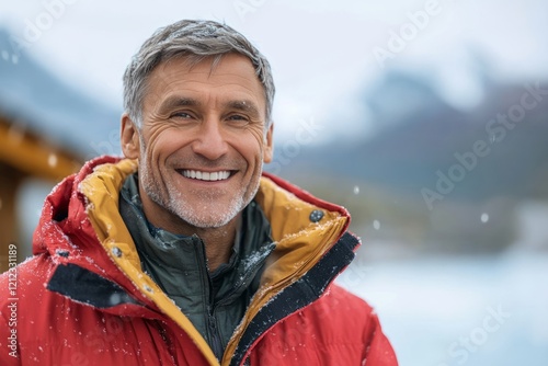 Cheerful mountaineer smiling while standing on snowy peak, experiencing winter landscape and embracing alpine adventure during outdoor expedition