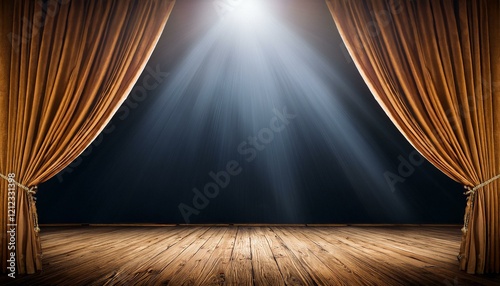 empty theater curtain with spotlight on wooden stage floor