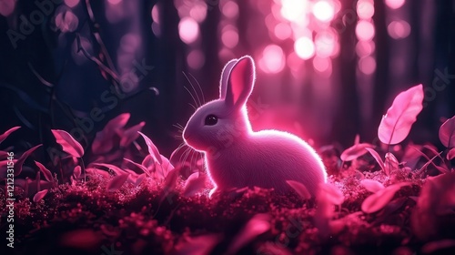 Bunny surrounded by glowing plants releasing oxygen, lifesustaining ecosystem, 3D illustration photo