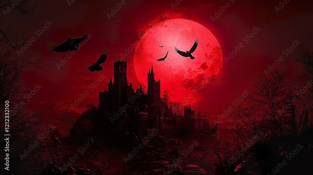 Spooky castle silhouette under a blood-red moon with crows in a dark digital painting with textured details. Spooky castle silhouette under a blood-red moon with crows in a dark digital painting with textured details.