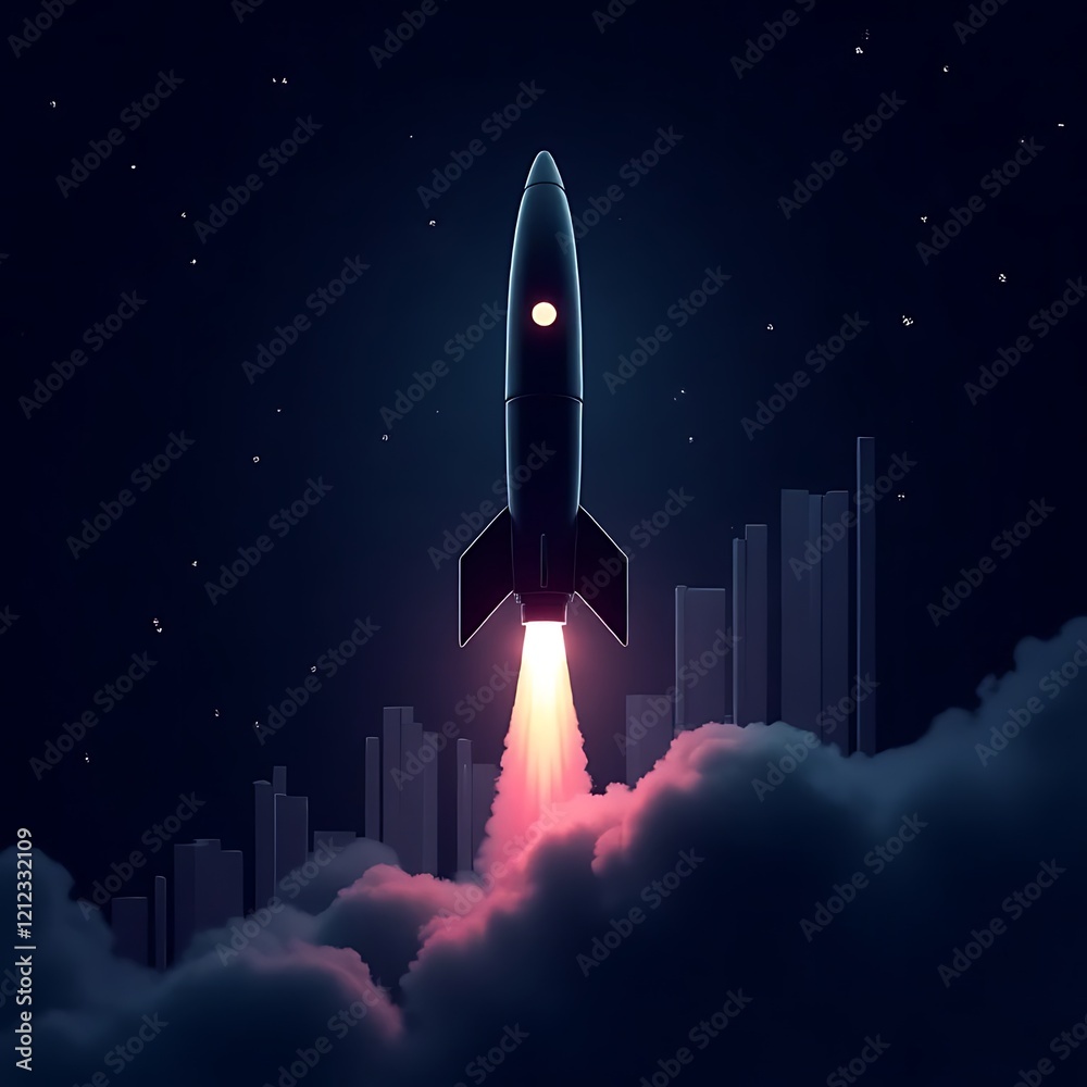 Fototapeta premium Rocket Launch into the Future: A sleek, dark rocket ascends majestically through a cloud of fiery orange and pink smoke against a backdrop of a dark night sky dotted with stars and a city skyline.