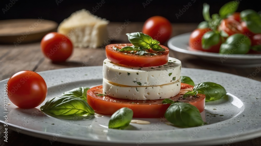 A fresh salad featuring layers of tomato, cheese, and basil on a rustic wooden table. A fresh salad featuring layers of tomato, cheese, and basil on a rustic wooden table.