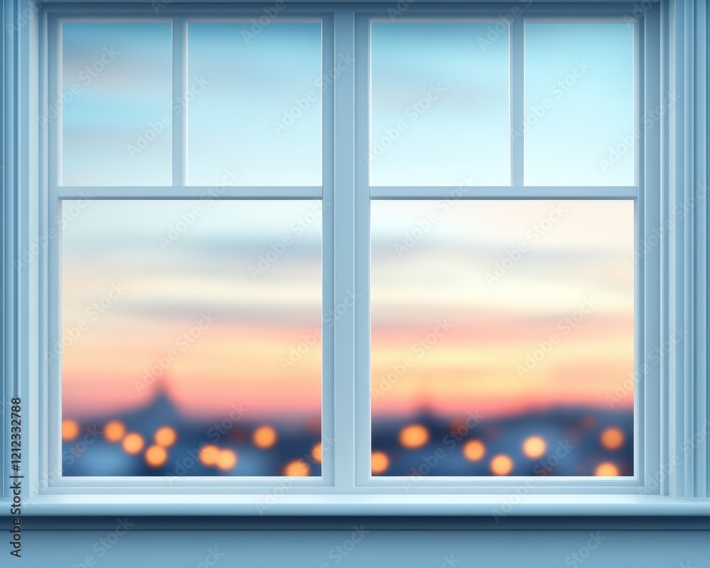 A blurred view through a window showcasing a sunset with soft lights outside. A blurred view through a window showcasing a sunset with soft lights outside.