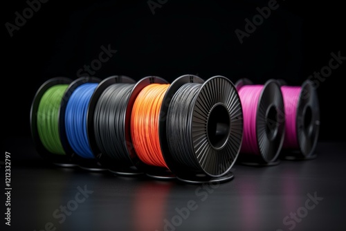 Multicolored plastic filament spools arranged on a black background, ready for 3d printing