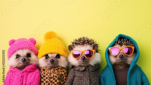 Four stylish hedgehogs sport adorable winter outfits cozy scarves tiny hats and miniature mittens