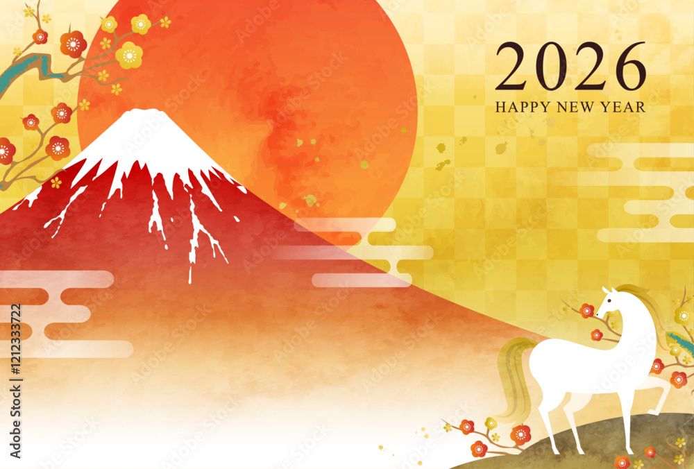 Φωτογραφία 水彩の富士山と馬と初日の出の年賀状。2026年午年のデザイン。ベクターイラストテンプレート。