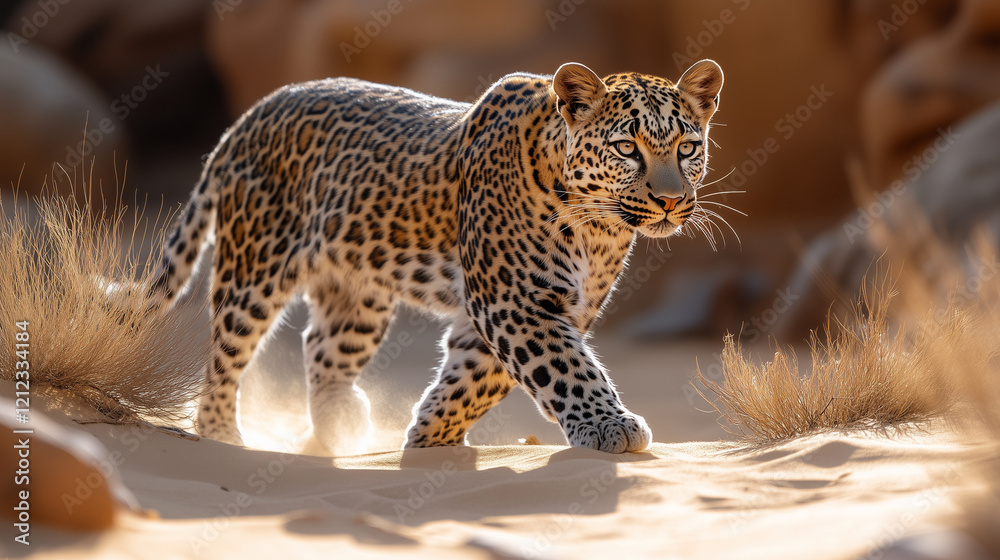 Obraz premium Arabian leopard walks down a dusty path in the desert