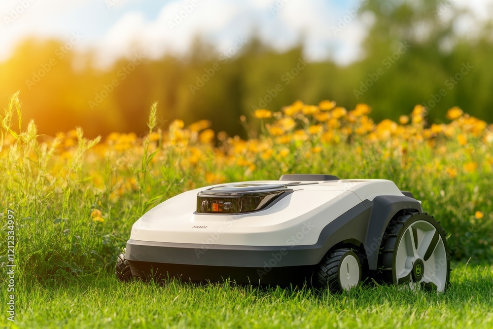 Autonomous robotic lawnmower trimming green lawn near blooming yellow flowers, capturing sunset landscape with advanced lawn maintenance technology