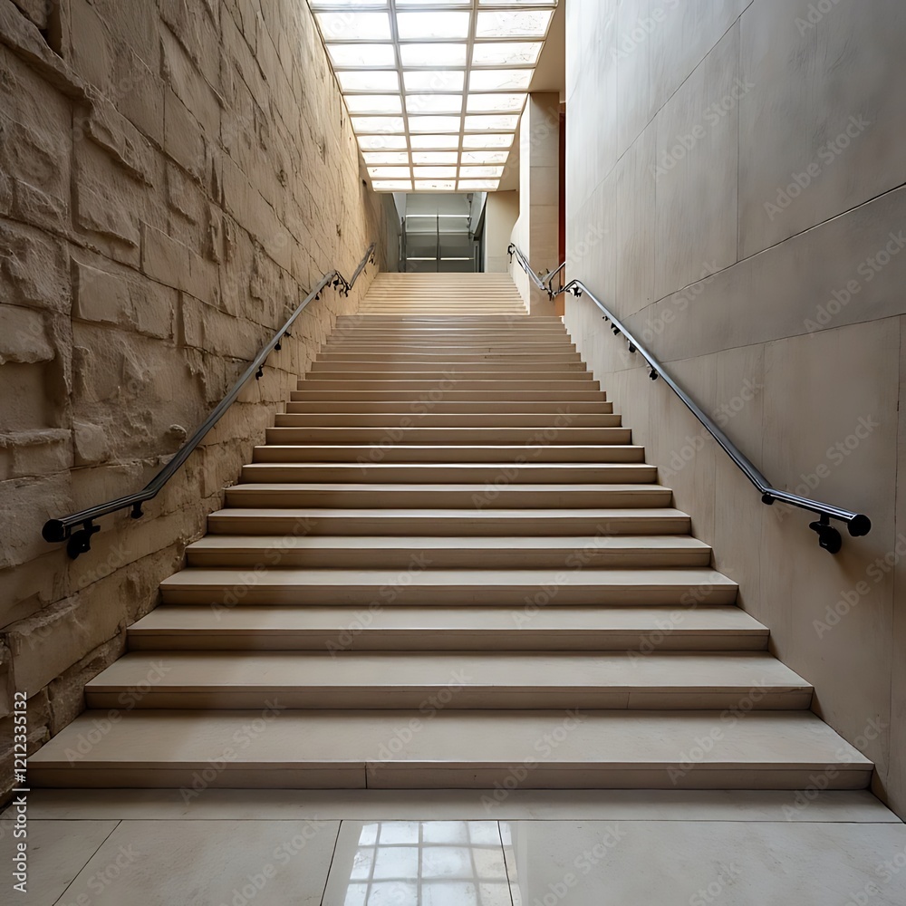 Fototapeta premium Stone Stairway: A minimalist perspective of a modern stone staircase, illuminated by a skylight, offers an elegant architectural backdrop for minimalist design inspiration, business, and lifestyle. 