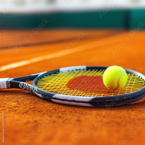 A tennis racket and ball resting on a clay court, ready for a game.