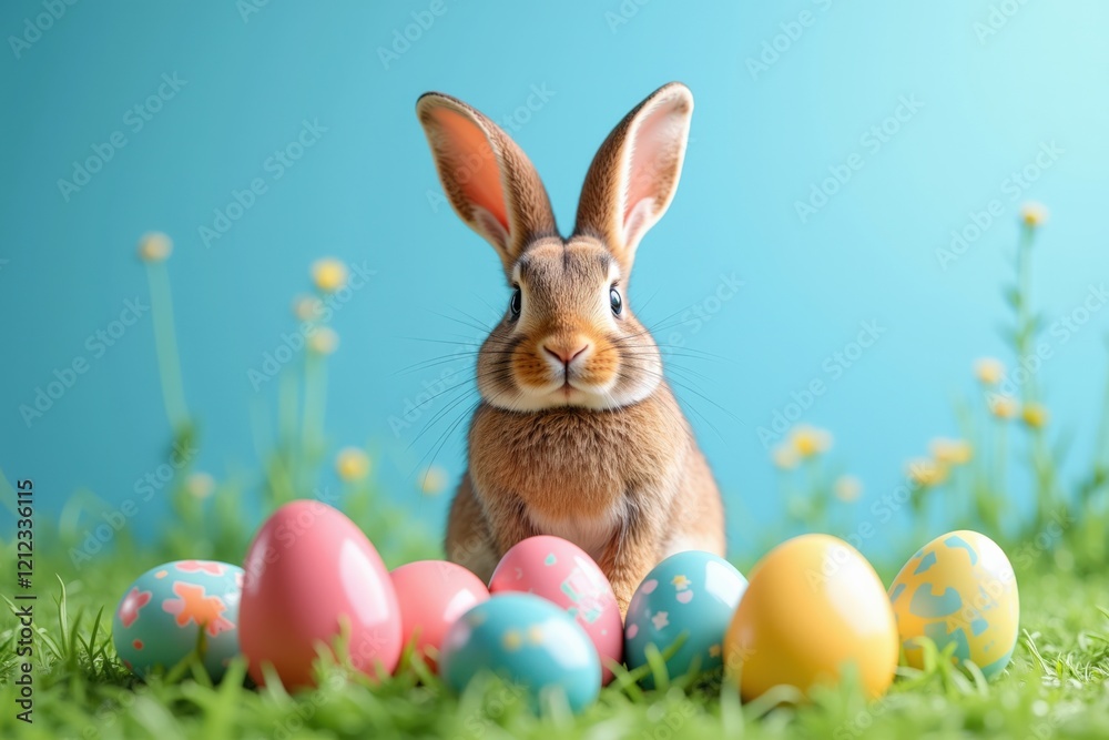 Obraz premium Cute Bunny Surrounded by Colorful Easter Eggs in a Lush Green Grass Setting with a Bright Blue Background Perfect for Spring and Holiday Celebrations