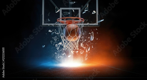 Basketball shattering glass backboard, dynamic action, dramatic lighting