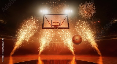 Basketball approaching hoop with fireworks in background