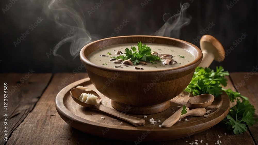 A steaming bowl of creamy mushroom soup garnished with herbs on a wooden table. A steaming bowl of creamy mushroom soup garnished with herbs on a wooden table.