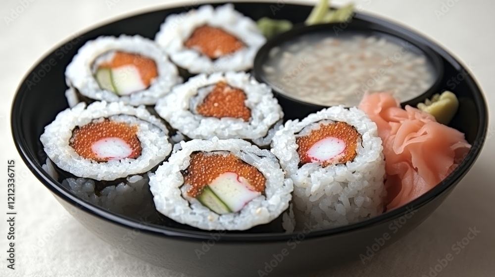 A bowl of sushi featuring rolls, wasabi, pickled ginger, and a side of soup. A bowl of sushi featuring rolls, wasabi, pickled ginger, and a side of soup.