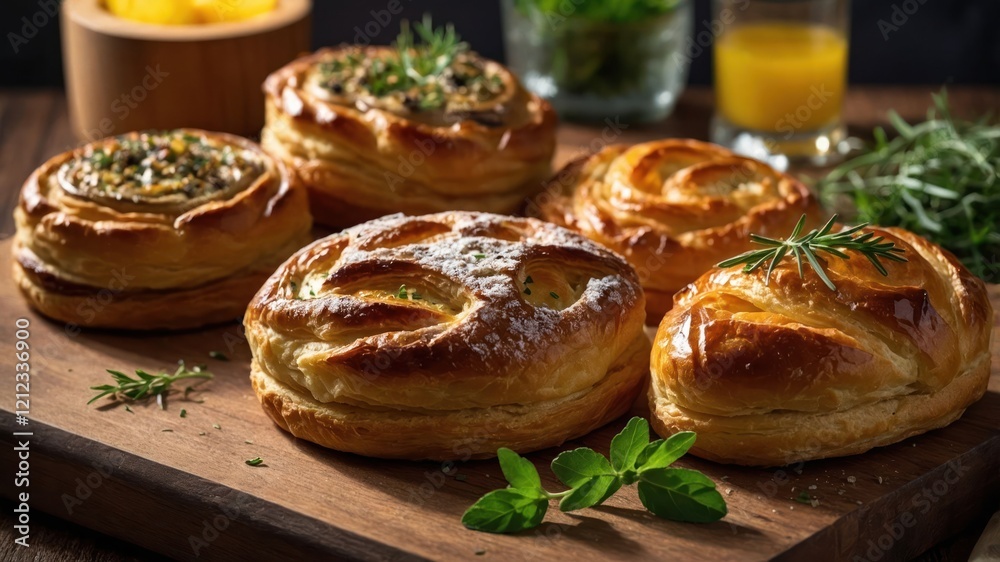 A variety of freshly baked pastries arranged on a wooden board, showcasing their golden crusts. A variety of freshly baked pastries arranged on a wooden board, showcasing their golden crusts.