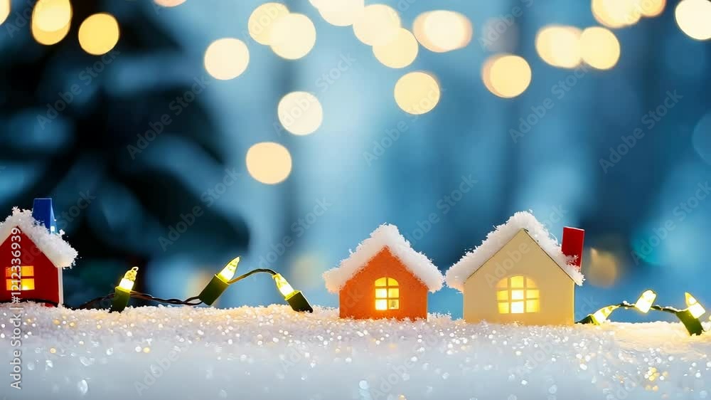 Miniature Houses with Snow, Festive Lights, and Glowing in Cozy Winter Scene