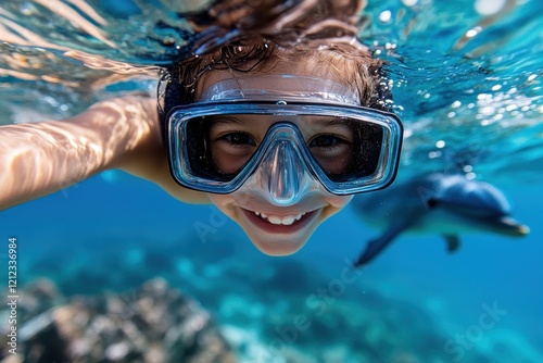 A radiant child snorkeling in the ocean shares a delightful moment with a dolphin, encapsulating the magic of marine life and the thrill of underwater encounters. photo