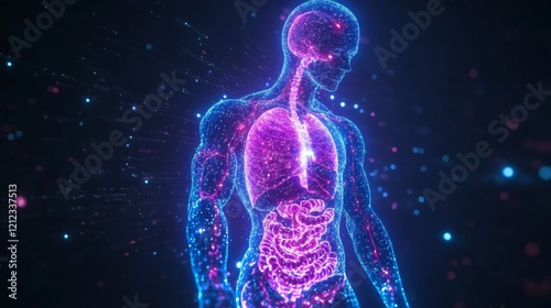 A Vibrant neon human digestive system, glowing brightly captivating image photo