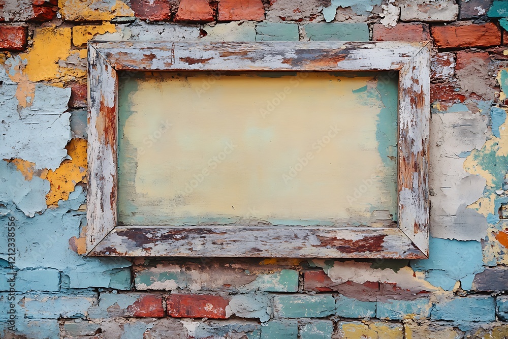 Naklejka premium Peeling Paint on a Rusty Metal Frame Against a Brick Wall